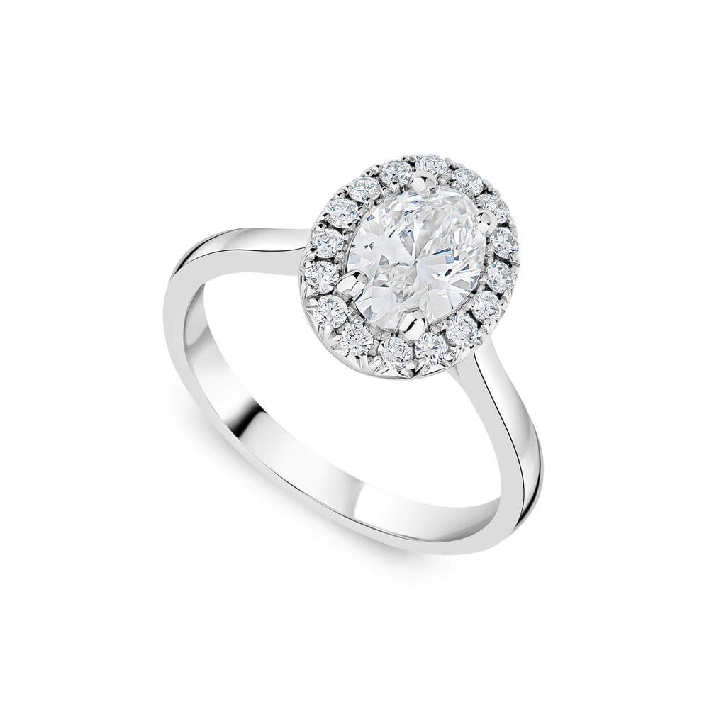 Platinum engagement ring featuring a 1.20ct oval lab-grown diamond with a sparkling halo setting.